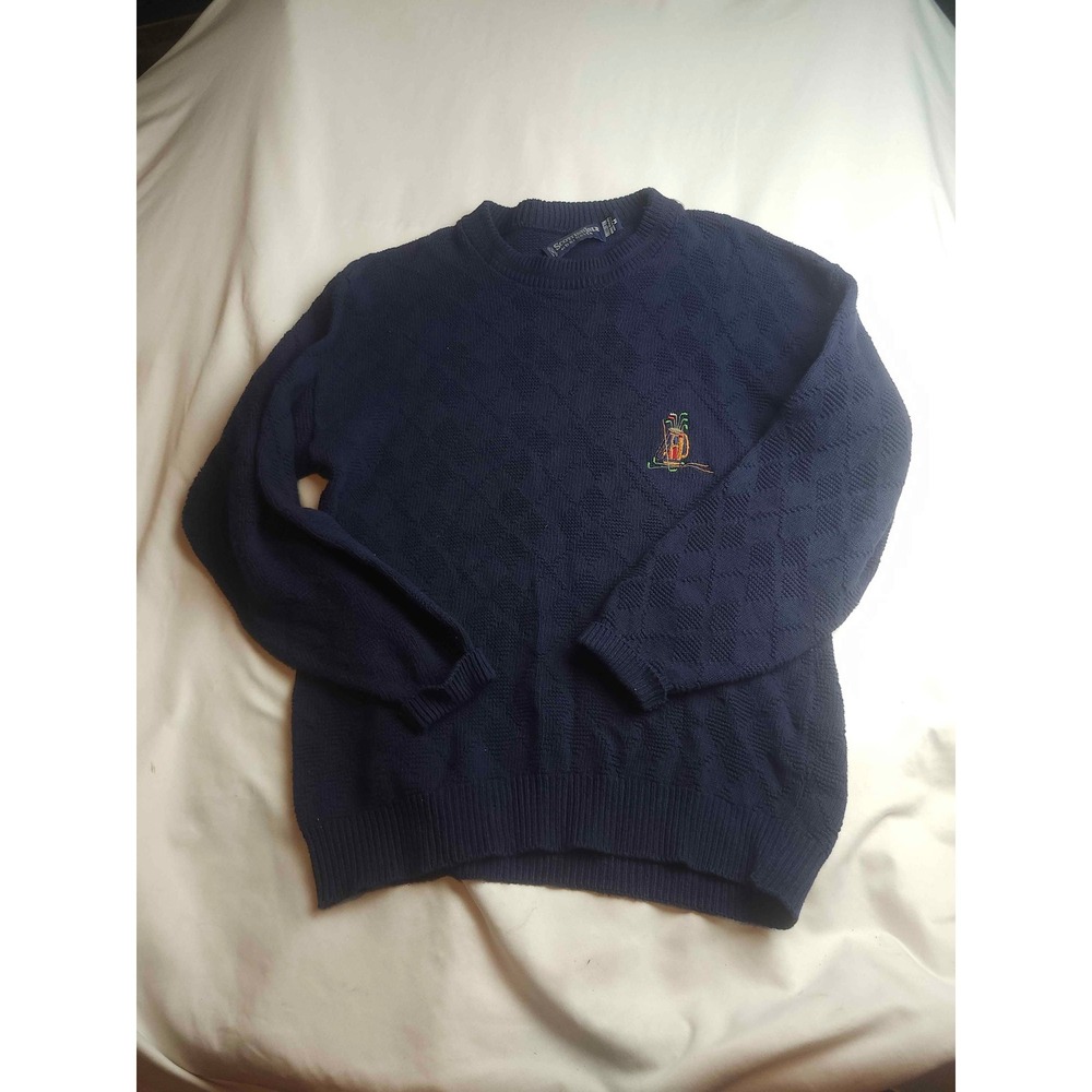 Scottish Isle by Bernette Mens Navy Blue Cotton Golf Sweater Diamond Knit Medium